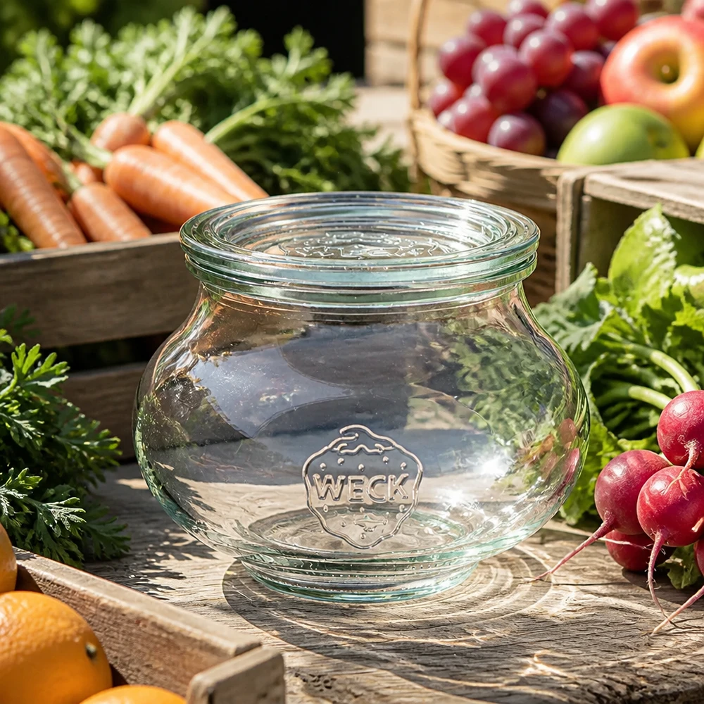 WECK decoratieve pot 560ml RR80 met transparant glazen deksel tussen verse groenten wortelen radijzen en fruit