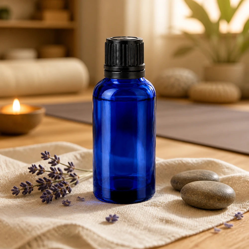 Handige glazen BlueLine 30 ml fles met ergonomisch ontwerp voor dagelijks gebruik