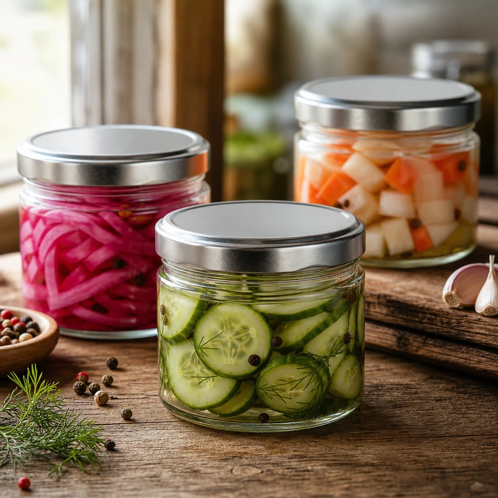 Ronde potten van 540 ml met zilveren deksels voor het inmaken van ingemaakte groenten, komkommers en uien