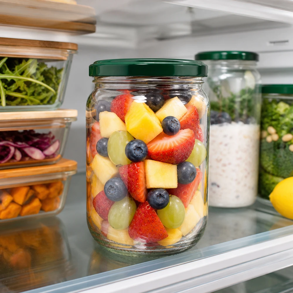555 ml rond glas + BasicSeal-deksel groen UNiTWIST Meal prep met UNiTWIST 555 ml rond glazen pot met groene deksel, luchtdicht gevuld met verse fruitsalade