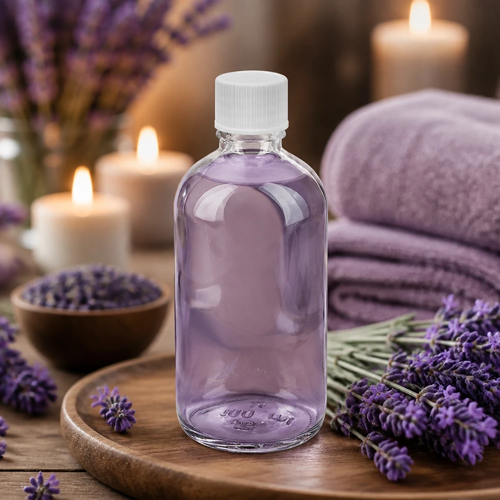 100ml fles 11mm SV wit STD ClearLine UT18/100 Lavendel-aromaolie in een doorzichtige glazen fles van 100 ml met witte dop, UT18 ClearLine-serie