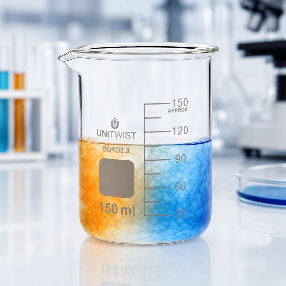 Beker 150ml borosilicaat, lage vorm UNiTwist UNiTwist-bekerglas van 150 ml, laag model, van borosilicaatglas met een oranje oplossing in het laboratorium