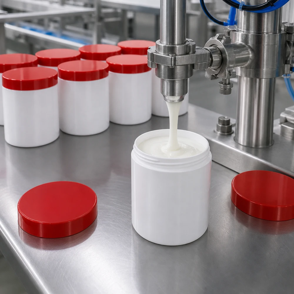 Zalfpot 200 g wit met rood schroefdeksel (PP) Romig mengsel wordt in een witte zalfpot van 200 g met rode schroefdop voor de farmaceutische industrie gegoten