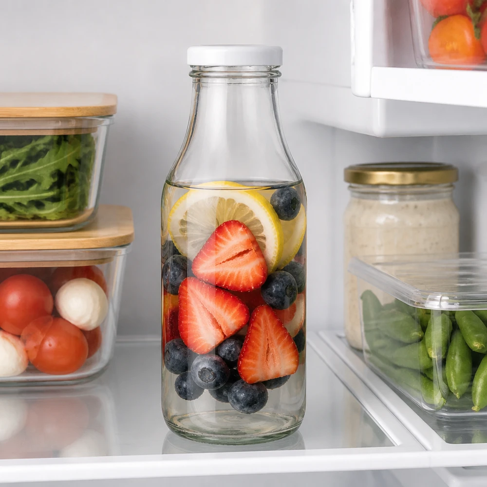 UNiTWIST glazen fles van 330 ml met BasicSeal-deksel, wit, ideaal voor detoxwater en fruit