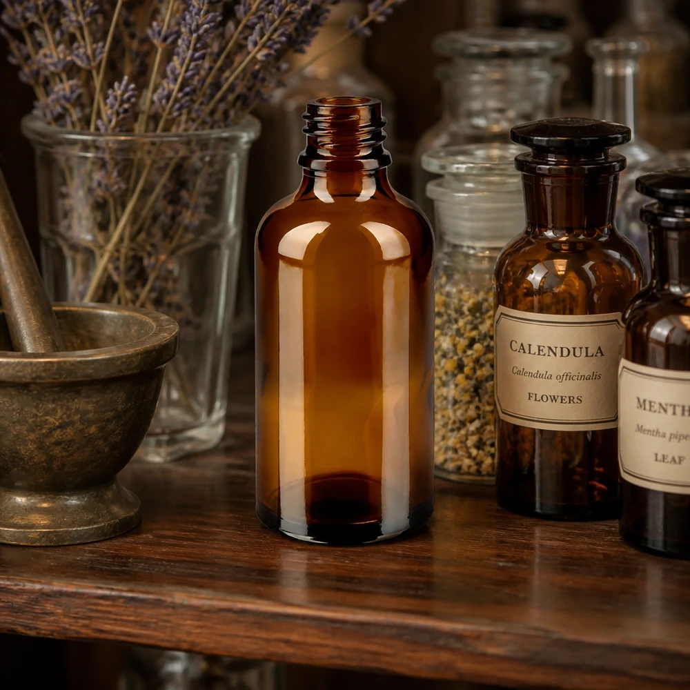 50ml bruin apothekersflesje ApoGlas tussen potjes calendula en lavendel in een traditioneel medicinaal kruidenatelier