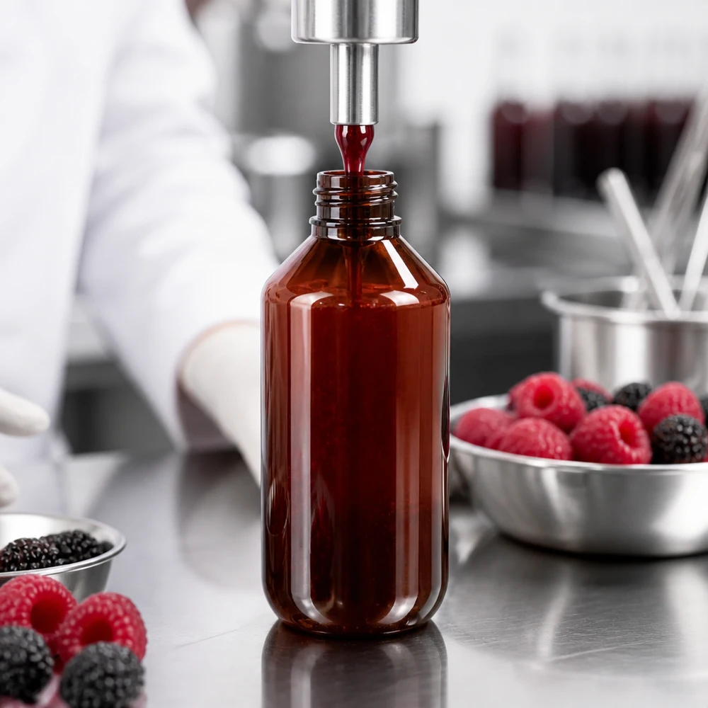 200 ml PET medicijnfles met verstuiver wit GCMI 28/410 incl. dop transparant, standaard Professionelle Abfüllung von Himbeer- und Brombeerextrakt in bernsteinfarbene 200ml PET Flasche