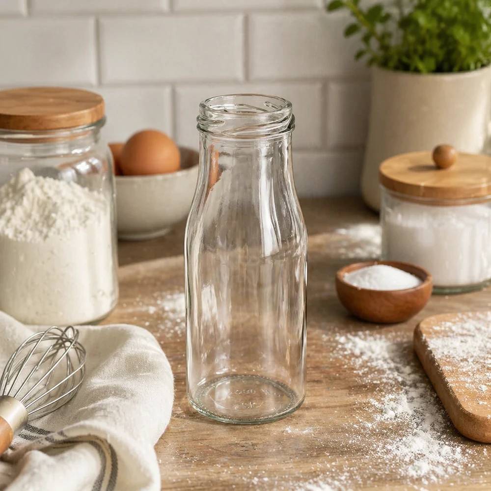 UNiTWIST Bottle150 Glazen fles 150ml TO43 in moderne keuken met bakspullen en voorraadpotten