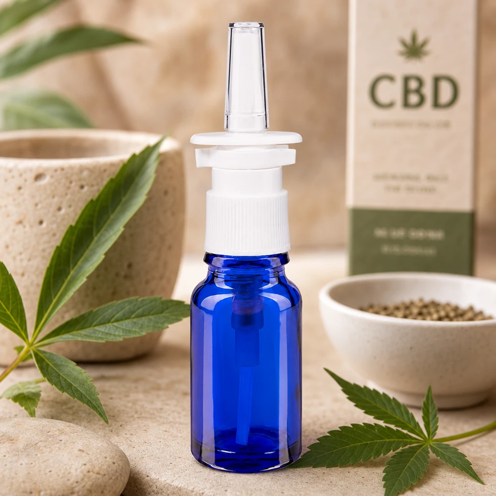 Blauwe glazen flessen 10ml met neusverstuiver Doorzichtige sproeikop op een blauwe glazen fles van 10 ml met een witte doseerdop