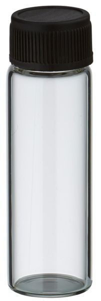 Minifles 5 ml helder met zwarte schroefsluiting incl. afdichting Minifles 5 ml helder met zwarte schroefsluiting incl. afdichting