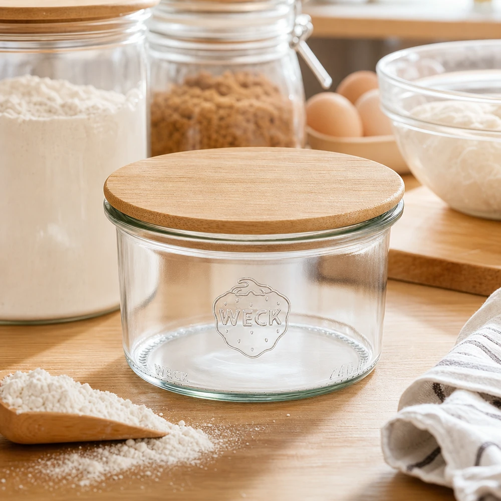 200ml stortglas WECK RR80 met hout deksel WECK Sturzglas 200ml RR80 mit Holzdeckel in natürlicher Küchenumgebung zwischen Backzutaten und Vorratsgläsern
