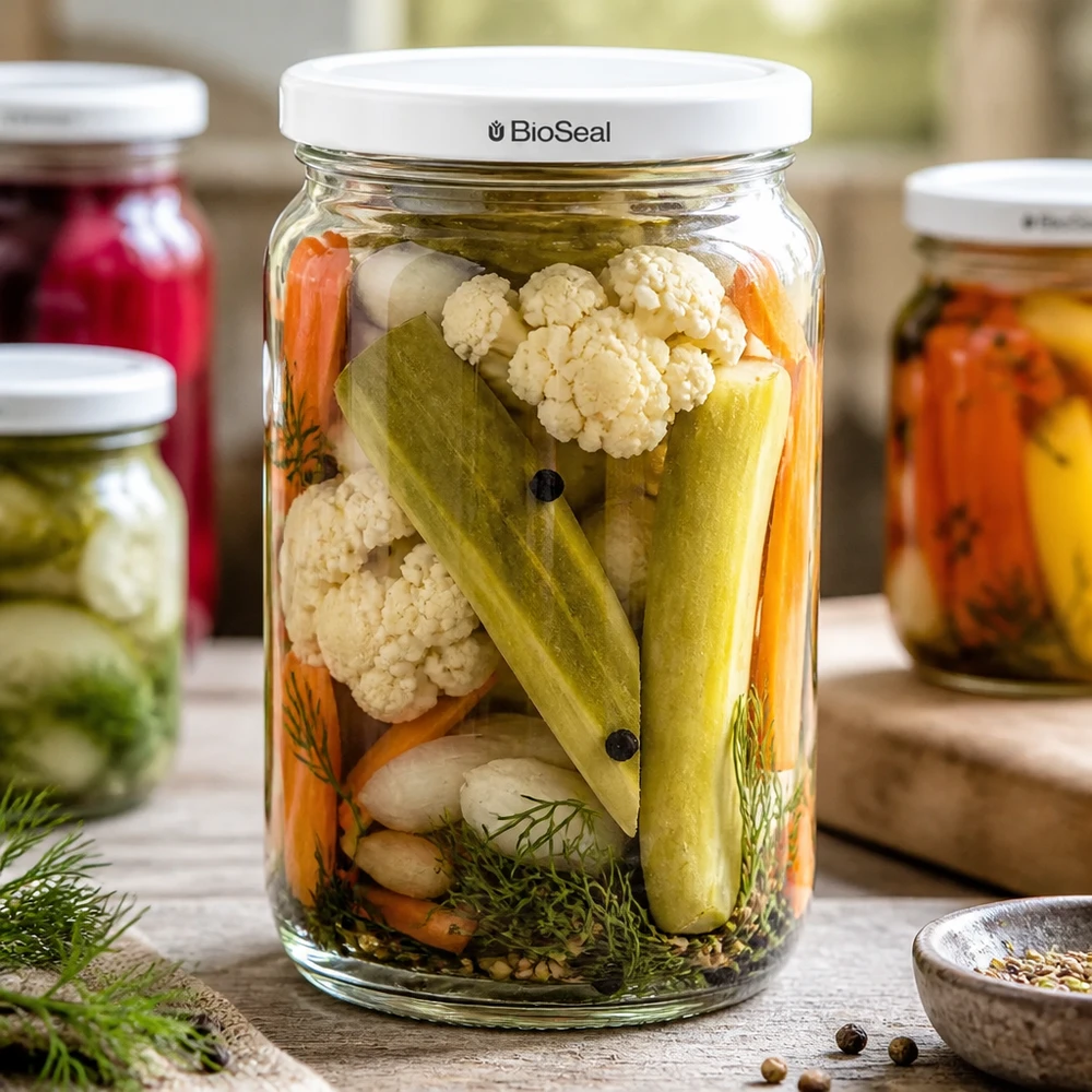 795ml rond glas met BioSeal deksel wit UNiTWIST UNiTWIST Runda795 pot met ingemaakte gemengde groenten - ideaal voor augurken en gefermenteerd voedsel