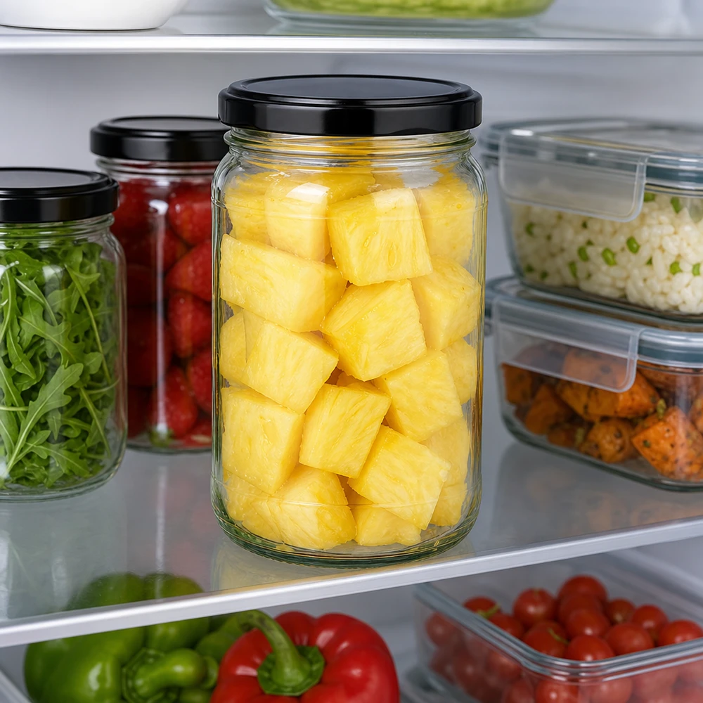 305 ml ronde pot UNiTWIST met zwart deksel vol ananas in de koelkast om voedsel in te bewaren