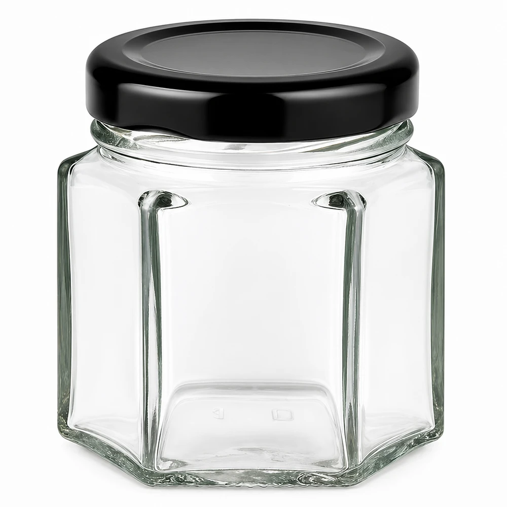 47 ml zeshoekig glazen potje met zwart BasicSeal deksel - zeshoekig glazen potje voor voedsel en opslag