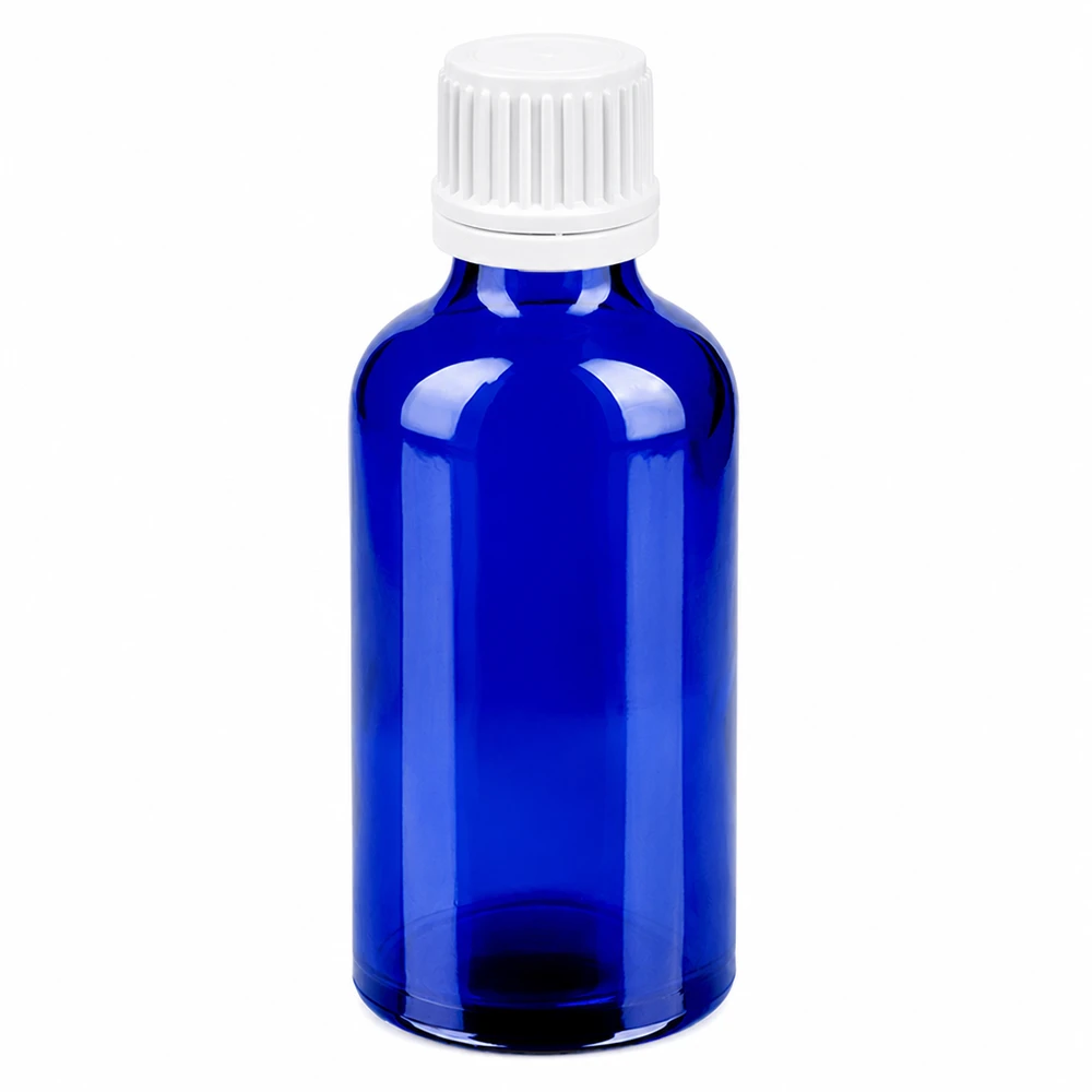 Rond 50ml druppelflesje met witte dop en elegant blauw glazen ontwerp