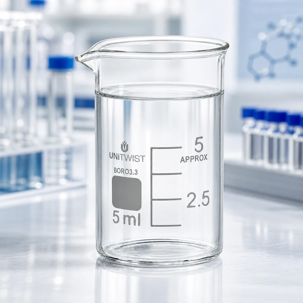 UNiTWIST bekerglas 5 ml, laag model, van chemisch bestendig borosilicaatglas 3.3
