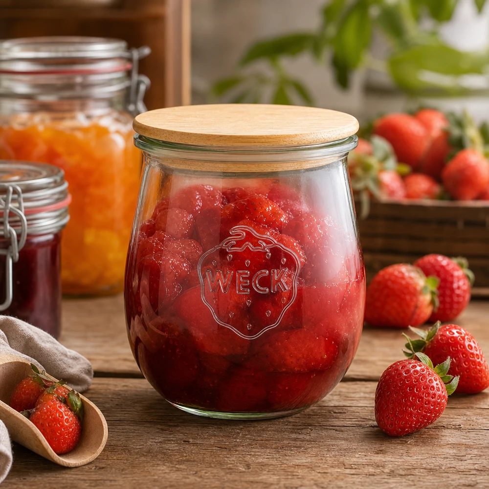 220ml tulpenglas WECK RR60 met hout deksel WECK tulpenpot 220ml met houten deksel gevuld met aardbeienjam - inmaakpot voor jam en smeersels
