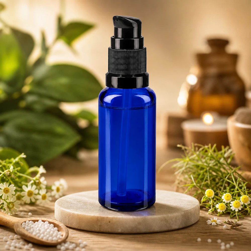 Pompfles van 30 ml van blauw veiligheidsglas voor serums en oliën in een natuurlijke omgeving