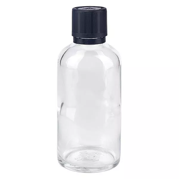 Helder glazen flessen 50ml met zwart druppelsluiting 1mm kinderslot Bliwa VR