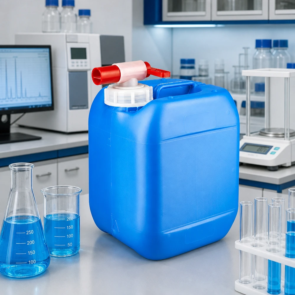 Rechthoekige jerrycan van 5 liter met rode afvoerkraan, ideaal voor schoonmaakmiddelen en laboratoriumvloeistoffen