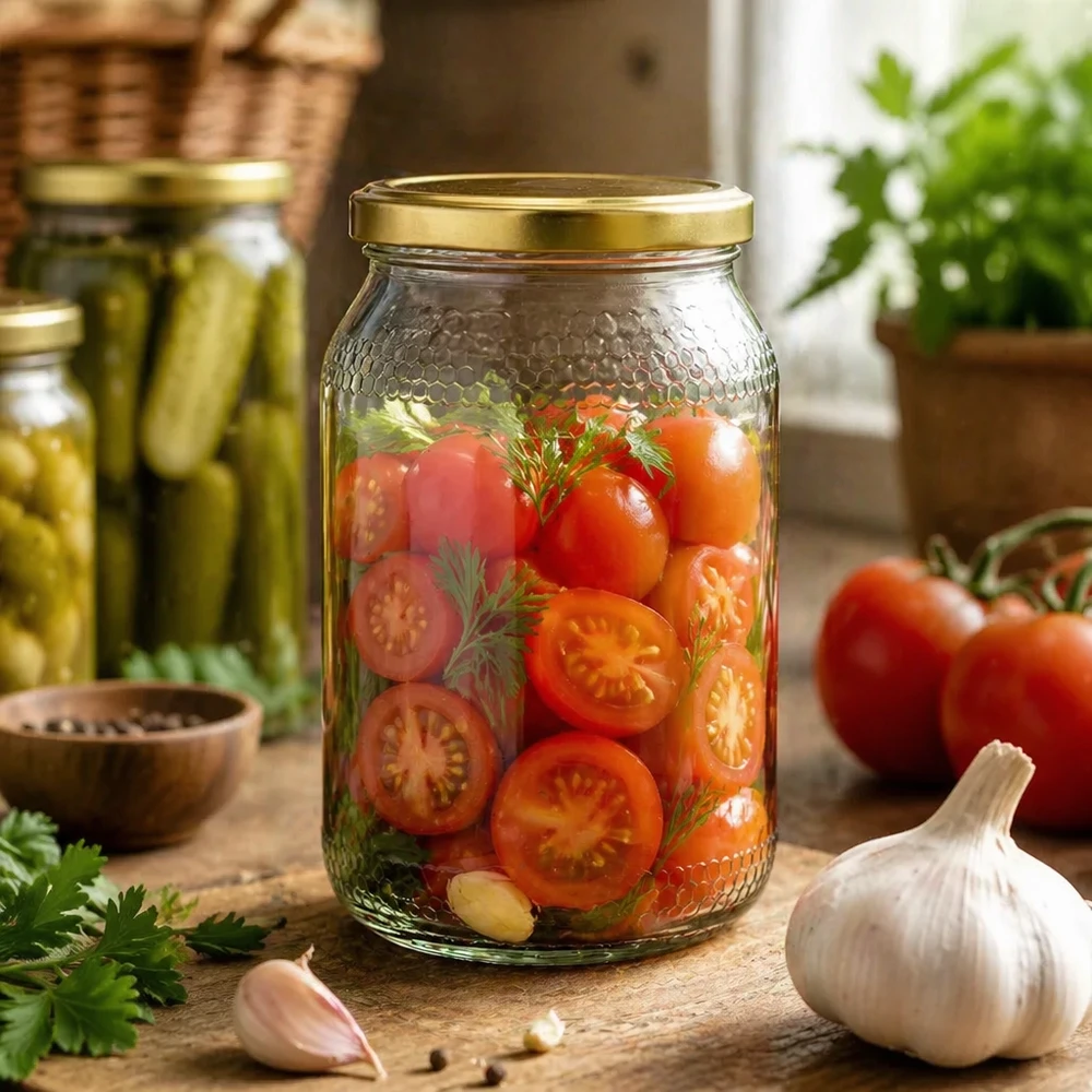 Honingpot 1260 g met gouden BasicSeal UNiTWIST-deksel 900 ml honingpot als inmaakpot voor ingemaakte tomaten - gouden UNiTWIST deksel veelzijdig te gebruiken