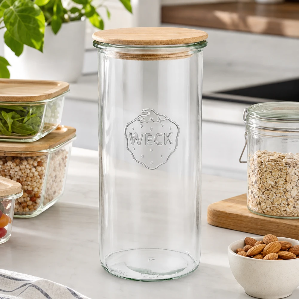 1500ml stortglas WECK RR100 met hout deksel WECK 1500ml RR100 lege voorraadpot met houten deksel in een moderne keuken omringd door gevulde voorraadpotten met noten