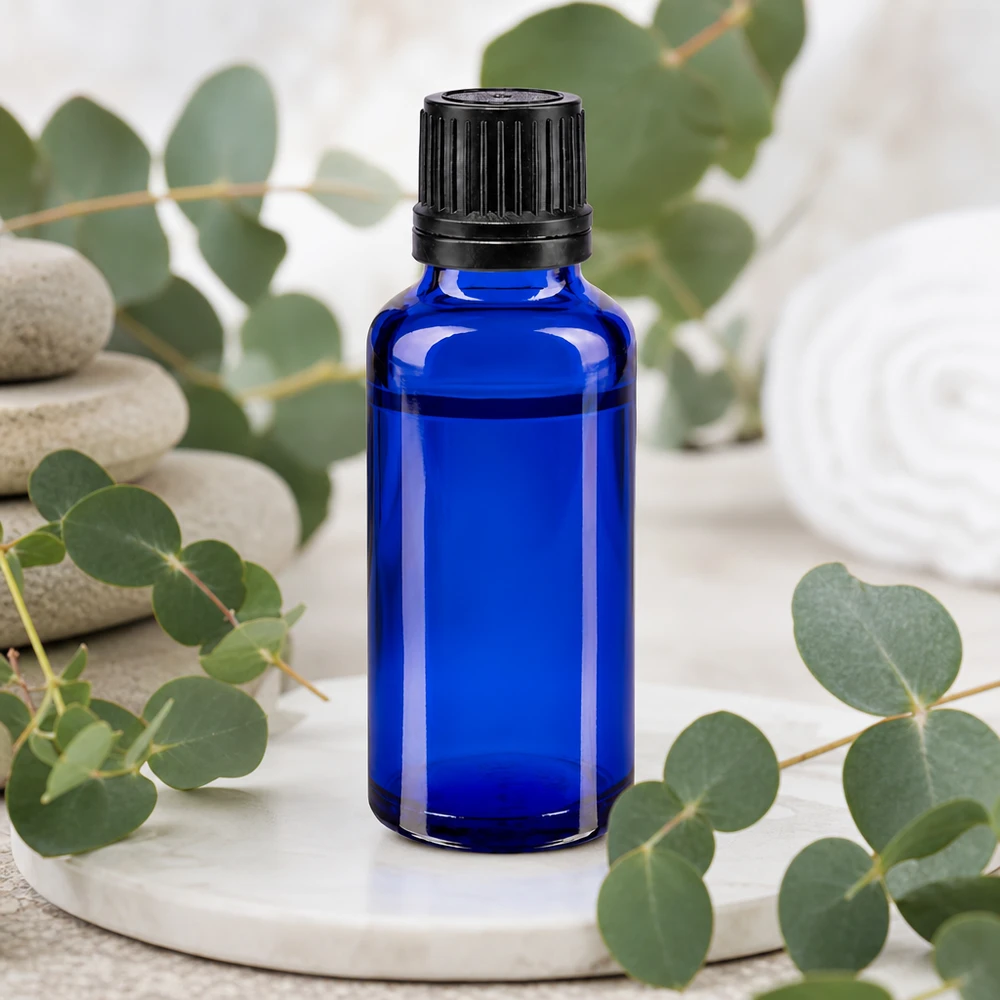 Blauw medicijnflesje van 30 ml met zwarte doseerdop en glazen druppelaar van 1 mm