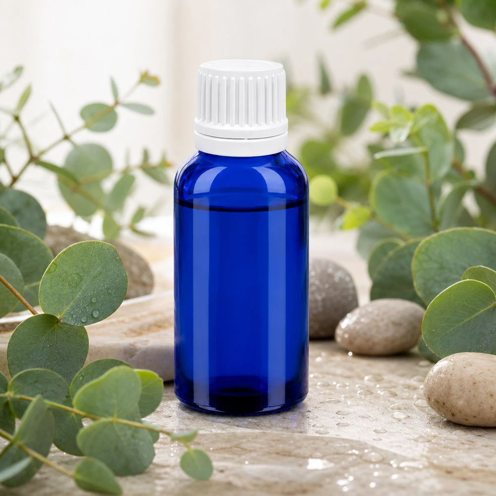 Elegant blauw glazen flesje van 30 ml met witte druppelaar voor het nauwkeurig aanbrengen van oliën
