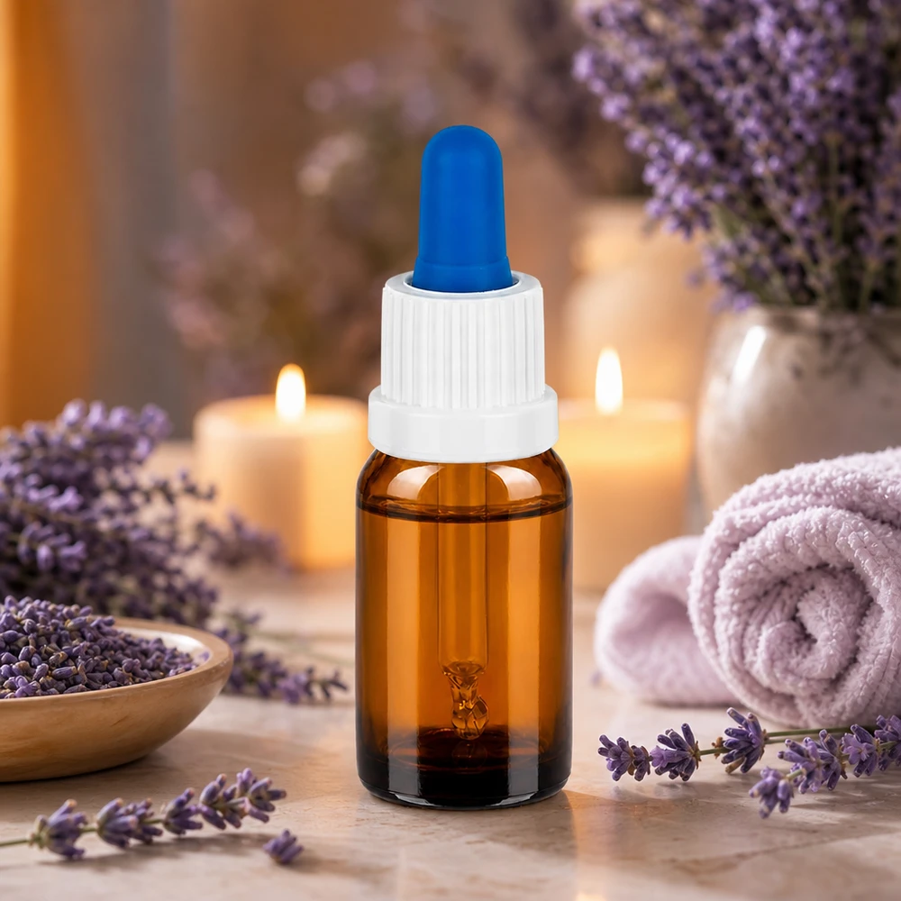 10ml apothekersflesje gemaakt van UV-beschermend amberkleurig glas met witte schroefdop en blauwe pipetpunt