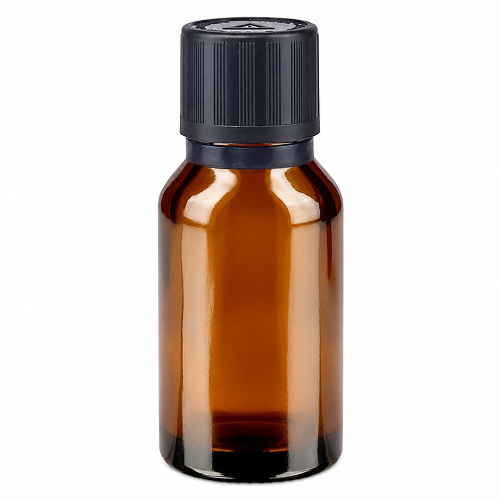 Bruinglazen apothekersflesje van 15 ml met een smalle druppelaar van 1 mm en een kindveilige sluiting