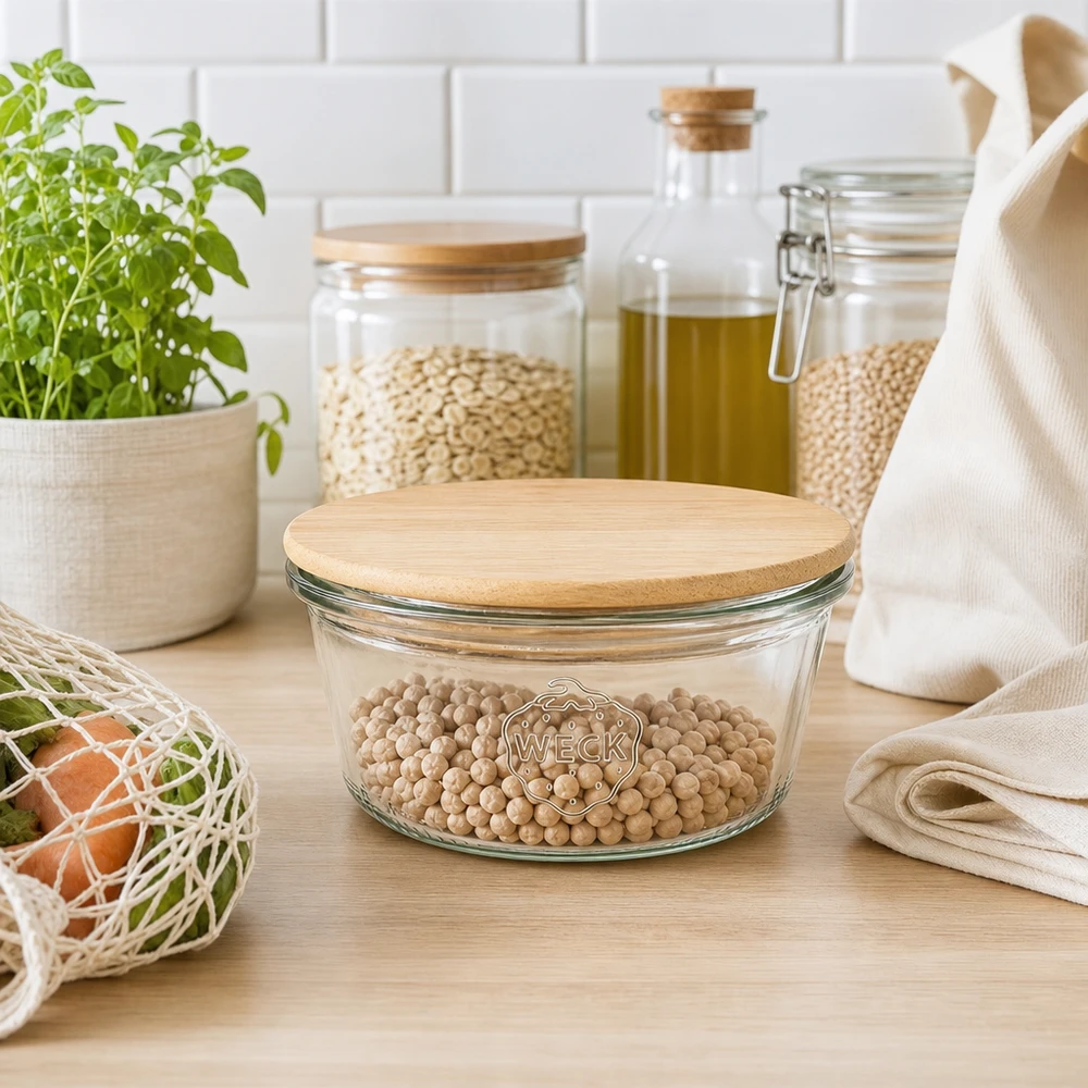 290ml stortglas laag WECK RR80 met hout deksel WECK beker 290ml RR100 met bamboe houten deksel in duurzame keuken met peulvruchten, zero-waste concept