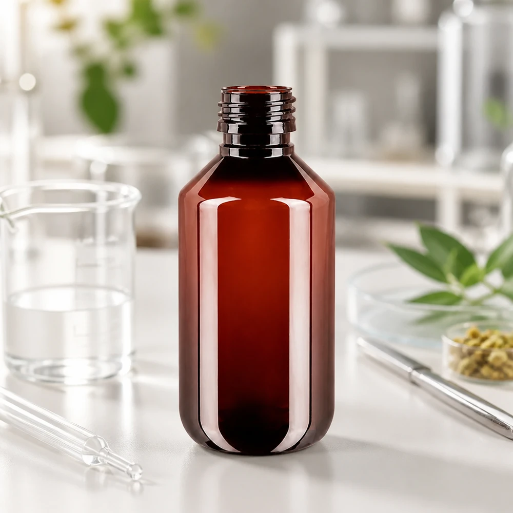 Bruine PET-plastic fles met een inhoud van 200 ml en een PP28-hals op een wit laboratoriumoppervlak