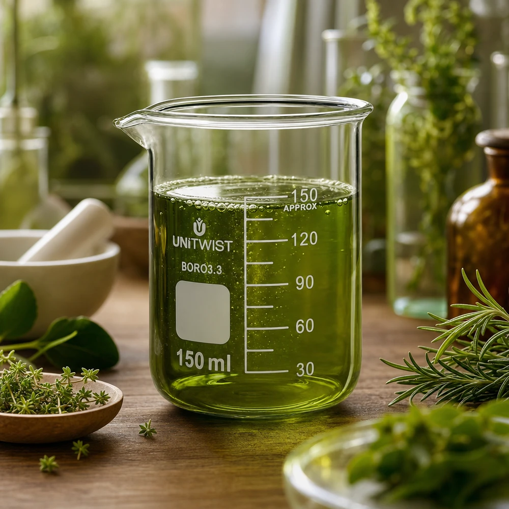 Beker 150ml borosilicaat, lage vorm UNiTwist UNiTwist bekerglas 150 ml, laag model, borosilicaatglas met kruidenolie in een natuurlijke laboratoriumomgeving