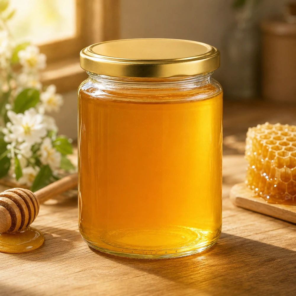 450g honingpot met gouden deksel gevuld met honing naast honingraat en honinglepel natuurlijke keuken decoratie