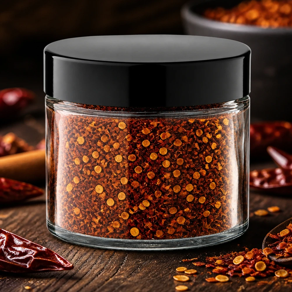 Kruiderpot-idee: Glazen pot 30ml helder inkl. sluiting Hersluitbare glazen pot van 30 ml, transparant, met gedroogde chilivlokken en -zaadjes