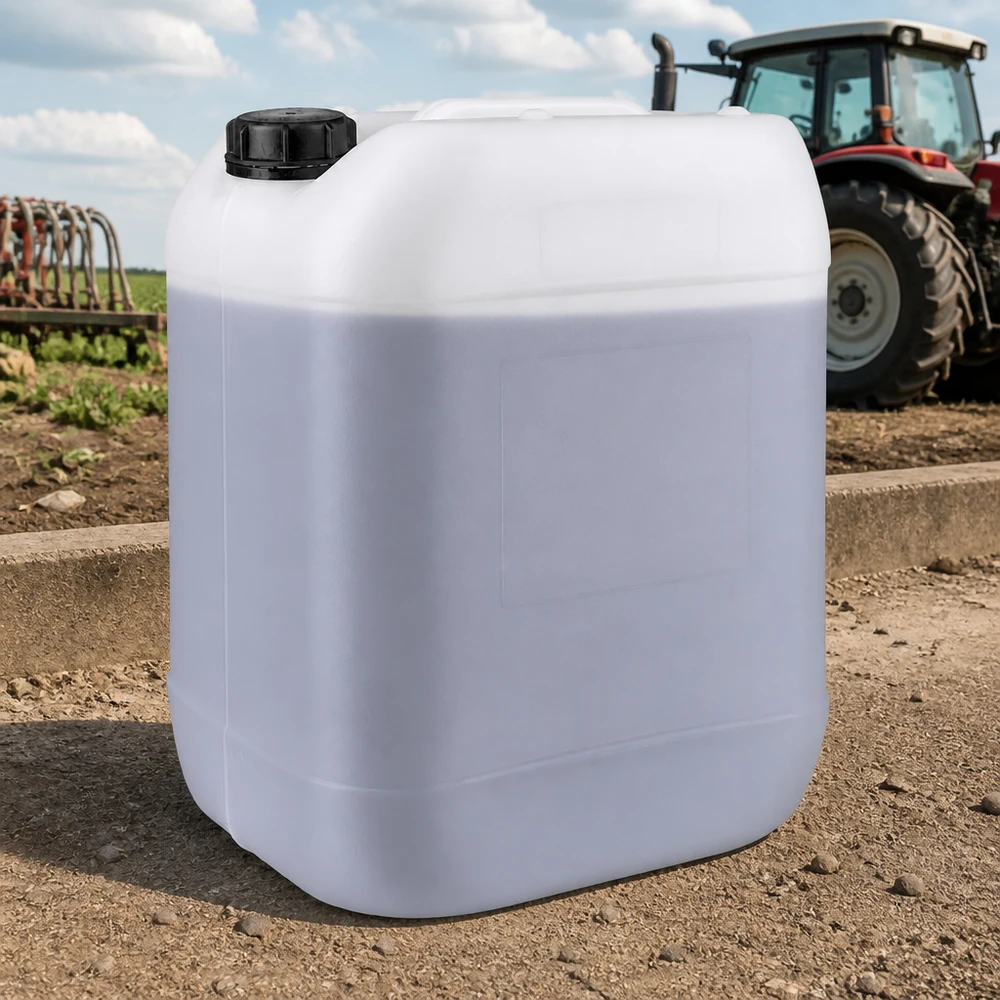 Lege veldjerrycan van 20 liter met schroefdeksel op een onverharde ondergrond in de open lucht