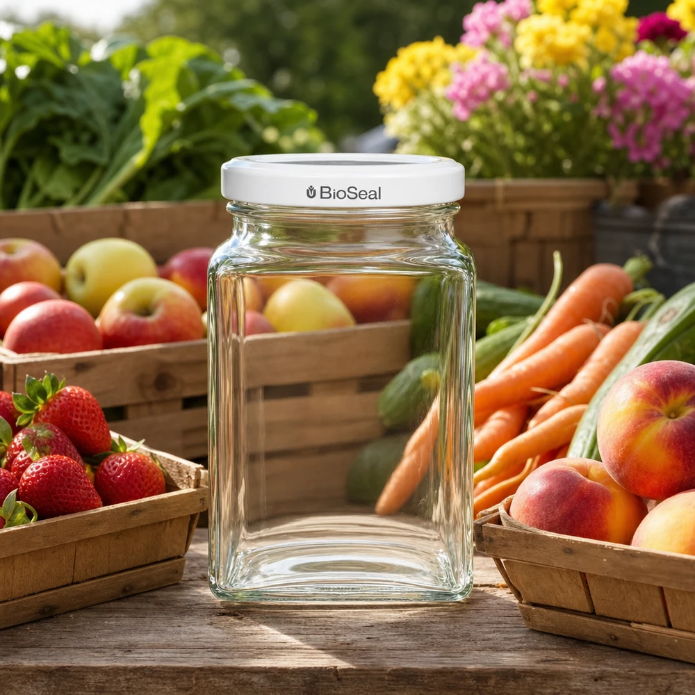 260ml tetraglas met BioSeal deksel wit UNiTWIST UNiTWIST Tetra260 metselpot leeg op houten tafel met vers fruit groenten wit TO58 BioSeal deksel buitentuin