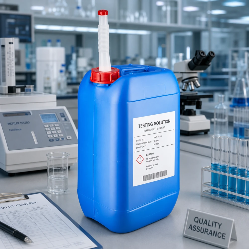 Canister 15 liter blauw met flexibele uitloop Blauwe kunststof jerrycan van 15 liter met lange vulbuis en schroefdop in het kwaliteitslaboratorium