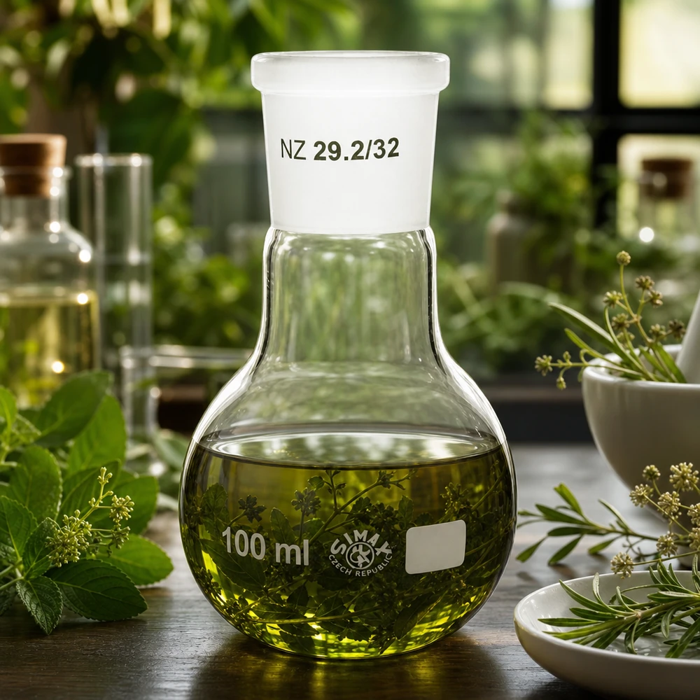 Stevige rechtopstaande kolf van 100 ml met brede basis en standaard geslepen 29/32 voor een stevige standaard