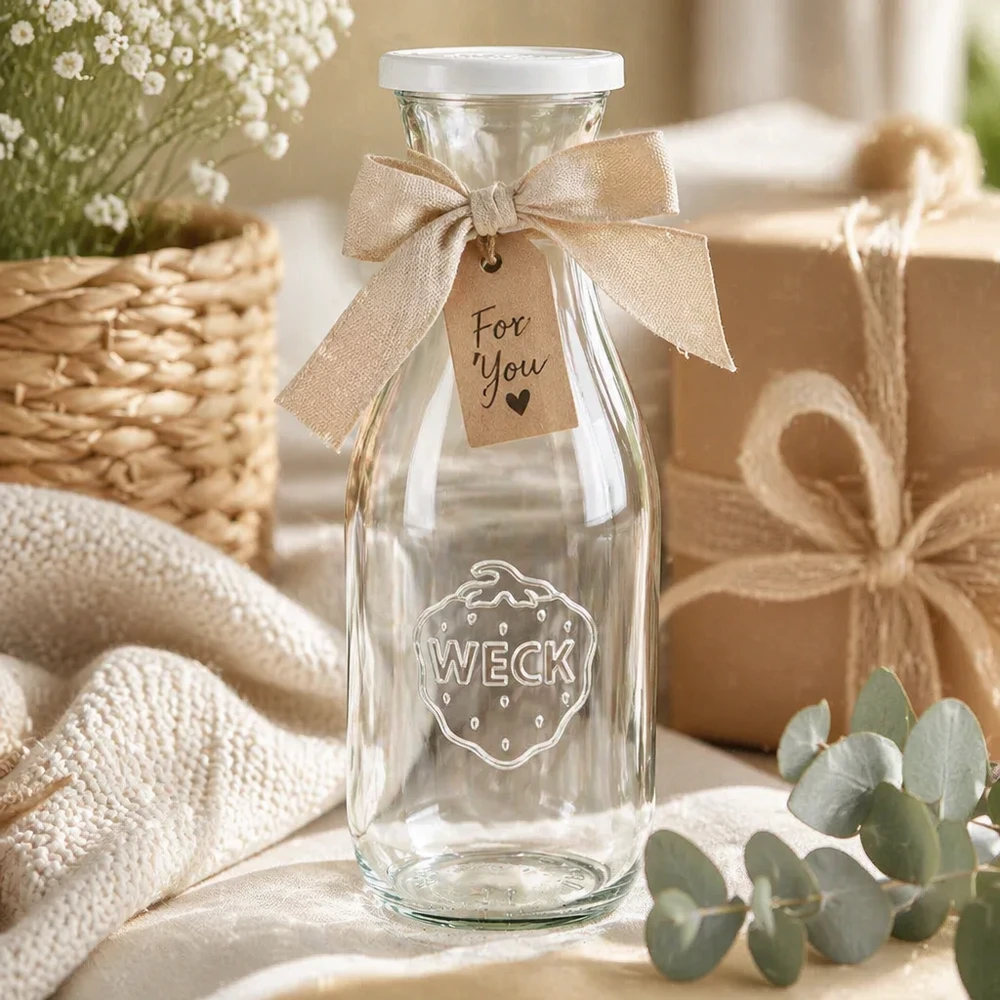 WECK sapfles 1062ml als geschenk met strik en For You tag in een rustiek decoratief tafereel