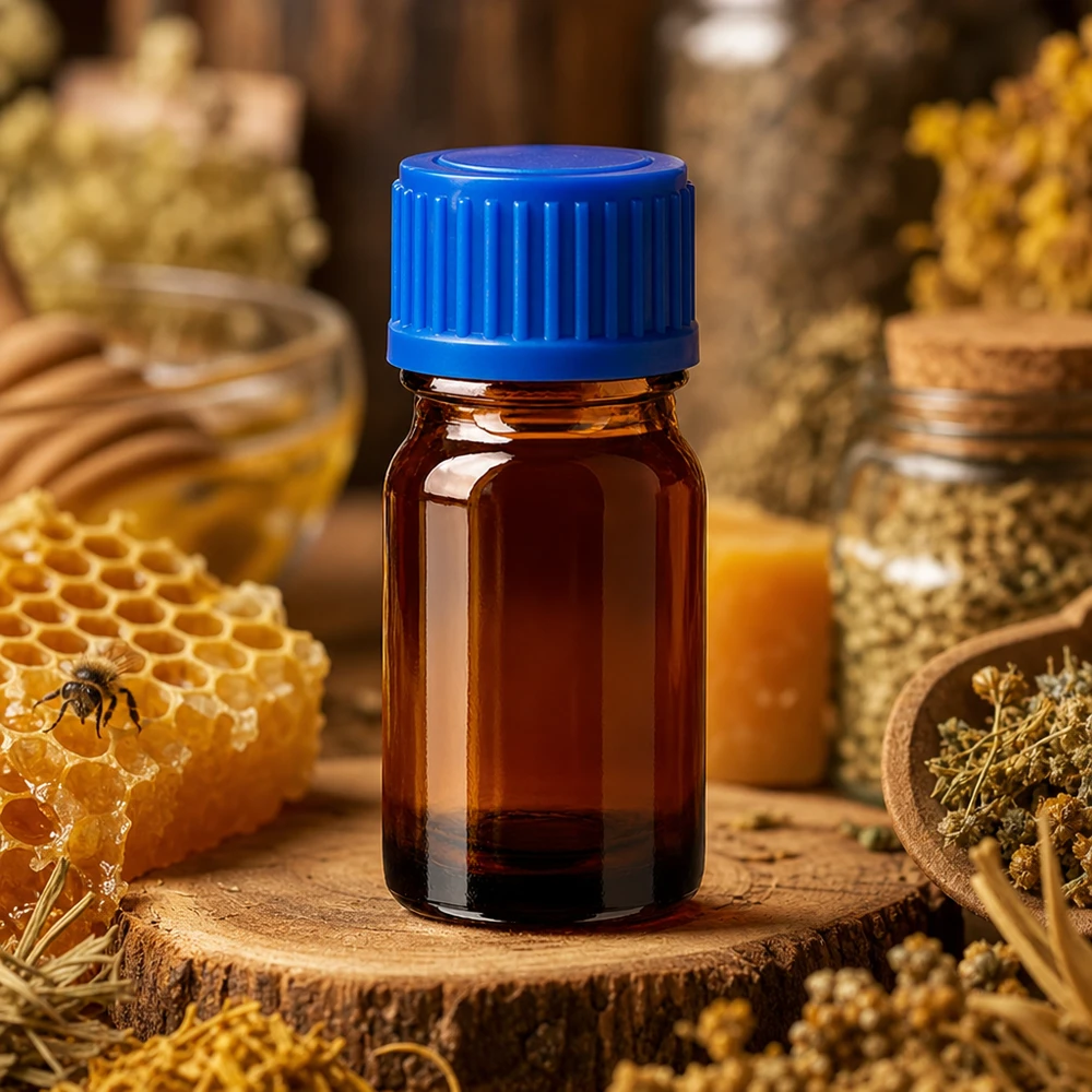 5ml amberkleurig glazen flesje BrownLine serie met UV-bescherming en blauwe dop voor aromatherapie