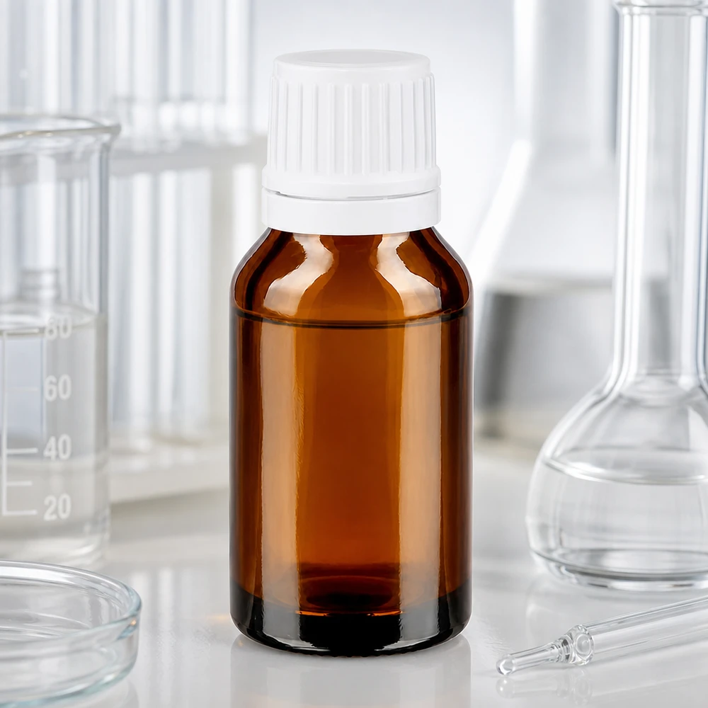 Bruine druppelfles van 15 ml met wit etiket naast een Erlenmeyer-kolf en een maatpipet in het laboratorium