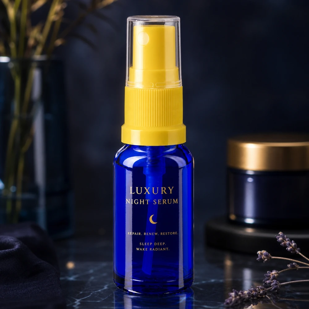 Blauwe glazen flessen 30ml met geel pompverstuiver STD-spuitflesje 30 ml ApoGlas blauw met gele pompdispenser, geschikt voor nachtverzorgingsproducten