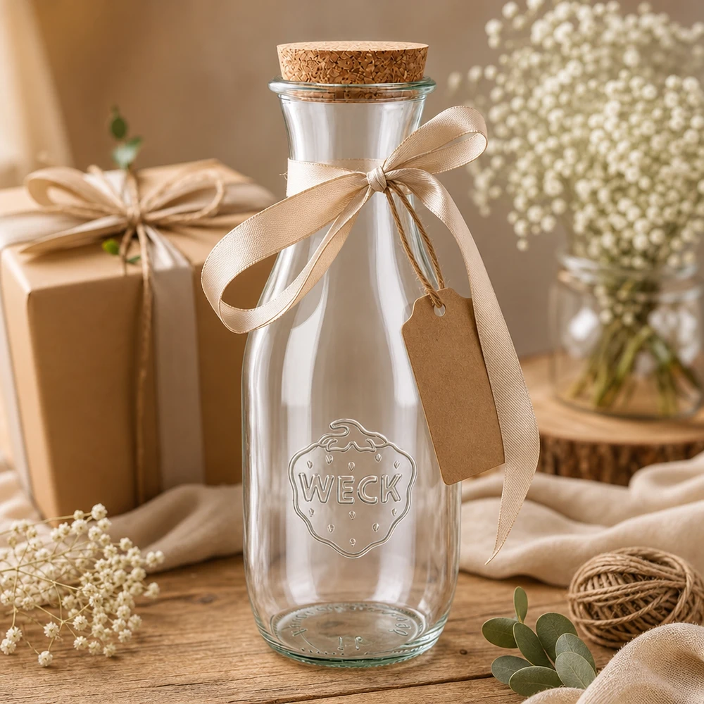 WECK glazen fles 1062ml cadeau versierd met beige strik en hanger naast gipskruid en cadeauverpakking