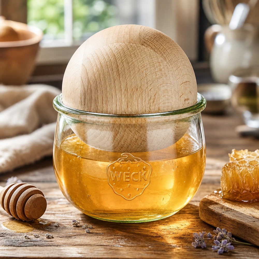 WECK tulpenpot 580ml met beukenhouten bol gevuld met honing, decoratieve opslag voor natuurlijke producten en keukenaccessoires