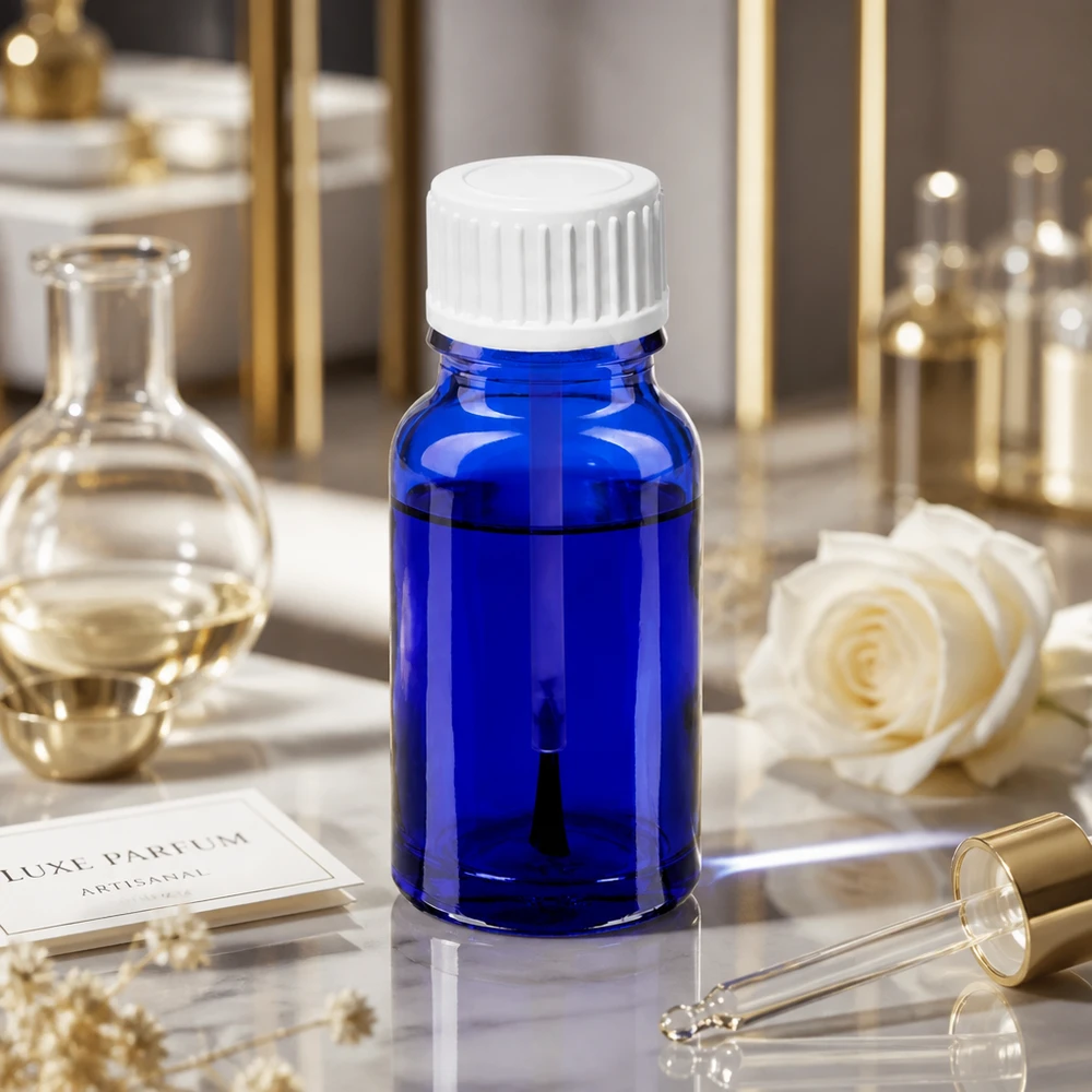 Handig glazen flesje van 10 ml in blauw met applicator met kwastje, ideaal voor precisiewerk