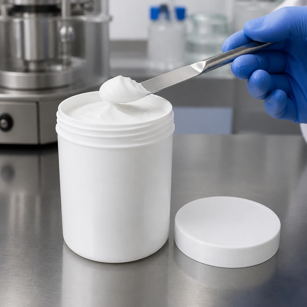 Zalfpot 150 g wit met schroefdeksel wit (PP) Gevulde witte PP-kruik van 150 g tijdens een kwaliteitstest met een spatel in een laboratoriumomgeving