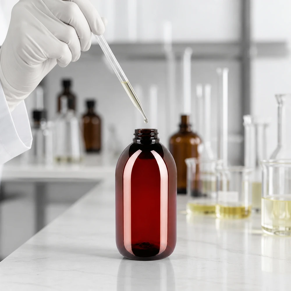 Stevige kunststof verpakking van 250 ml, ovaal, amberkleurig, met kinderslot voor vloeibare stoffen