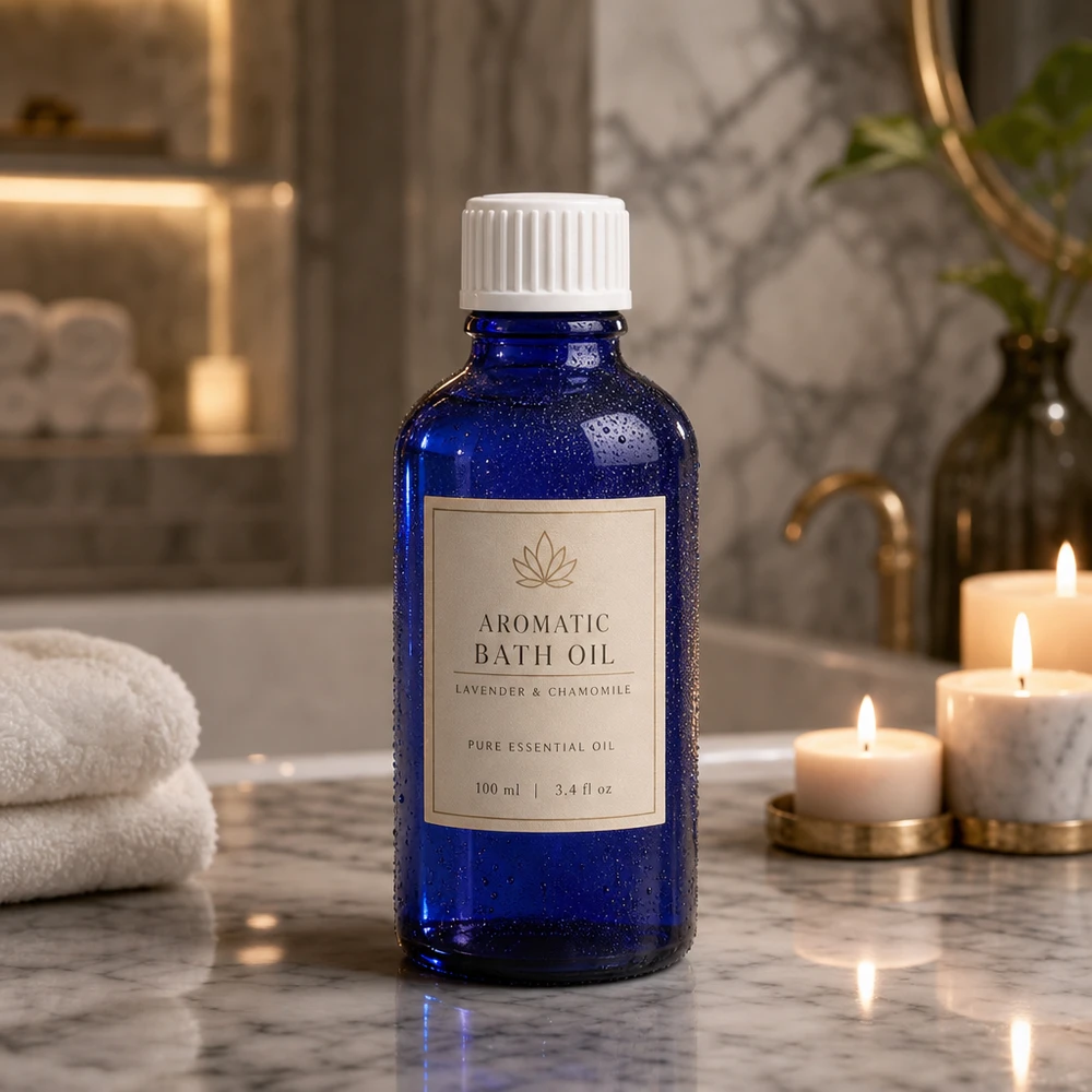 Blauwe glazen flessen 50ml met wit schroefsluiting globuli uitgietring St Hoogwaardige blauwe fles van apothekersglas met een kindveilige witte dop in een wellness-omgeving