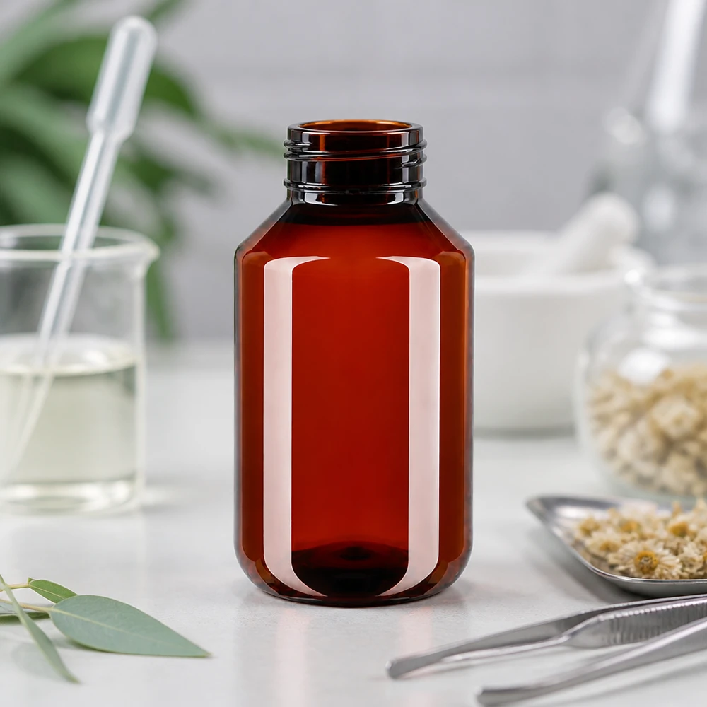 Bruine, lichtbeschermende PET-fles van 100 ml met witte originele dop, zonder etiket