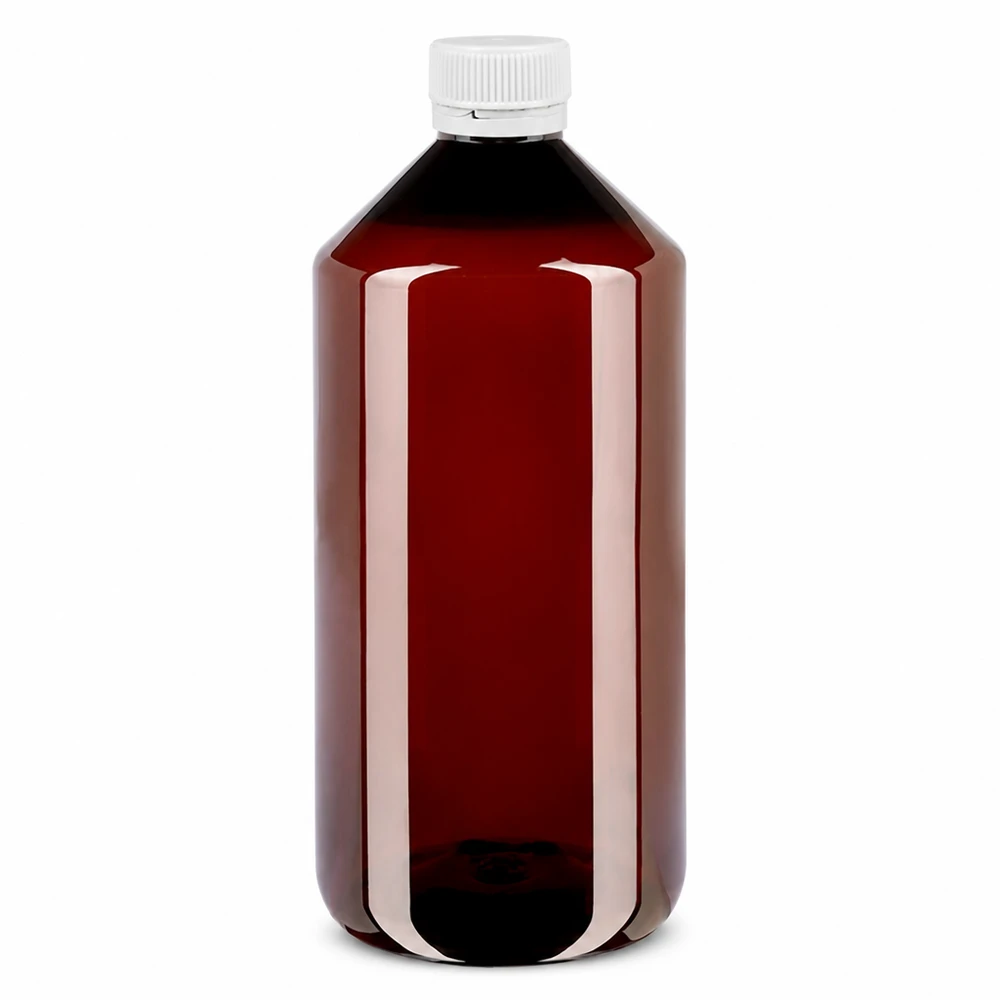 PET fles 1000ml met witte verzegelde stop, geribbeld 1000 ml kunststof fles met UV-bescherming, amberkleurig met witte geribbelde OV-deksel, leeg
